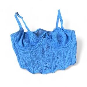 2000s Gilly Hicks Blue V-Neck Laced Corset-Style Cropped Tank Top – Size M